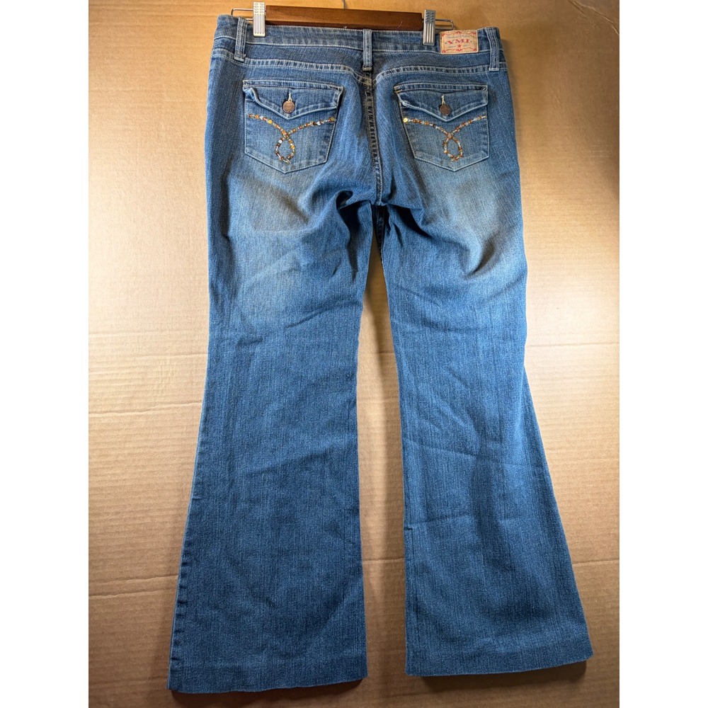 YMI Jeans Womens Size 32 Blue Flare Leg Low Rise Embroidered Pocket Denim Pants